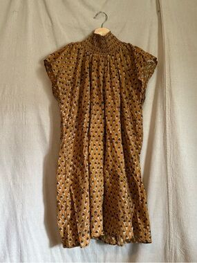 Smocked High-Neck Mustard Hand Block Print Dress